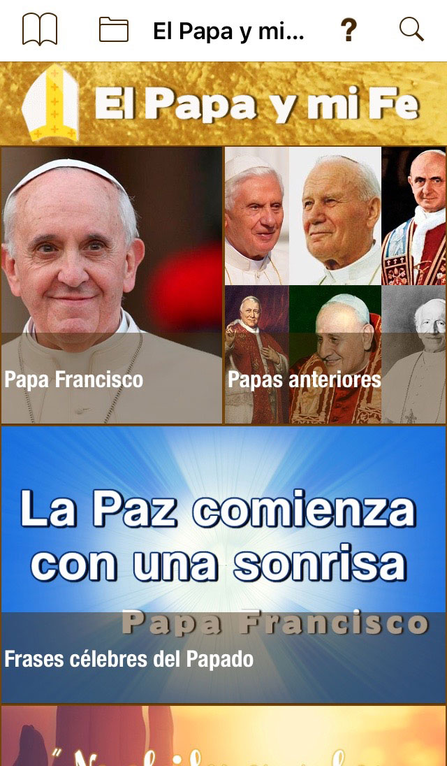 Imagen de apertura de la aplicación 'El Papa y Mi Fe' en un Iphone 6